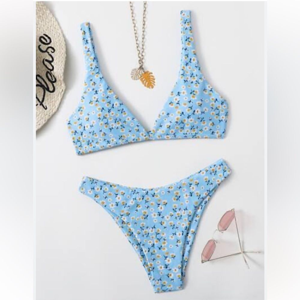Romwe (Shein) Blue Floral Ditsy Daisy Two Piece Bikini | SZ L